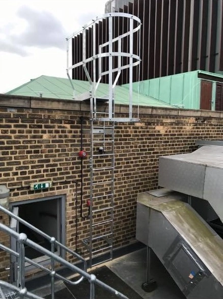 White access ladder with top safety rails leading to rooftop