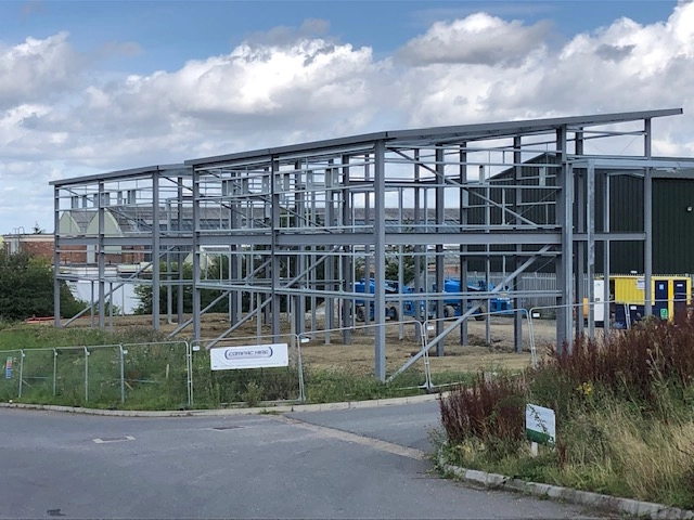 front view of a steel structure in Old Dalby - 46 ton of steel awaiting final completion.