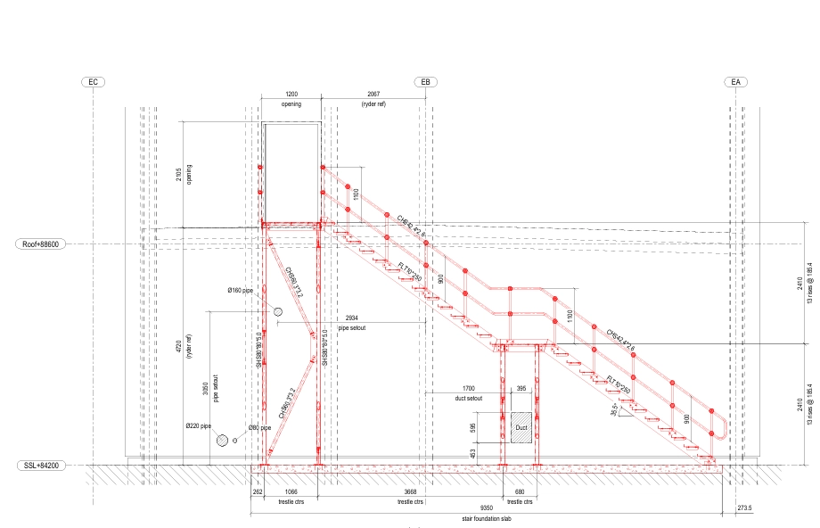 Detailed CAD design drawing showing a custom steel staircase installation